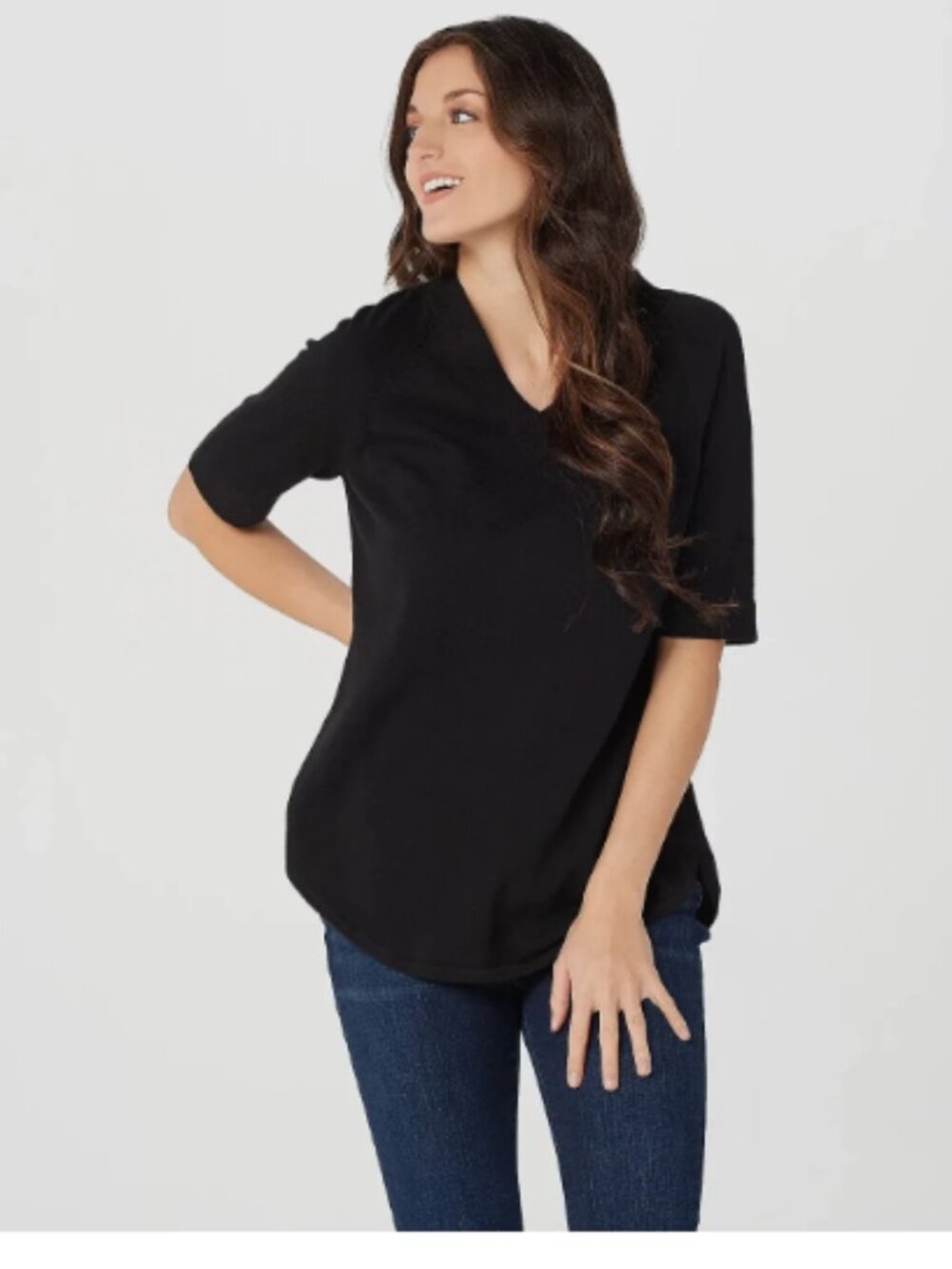 Isaac Mizrahi Live! V-Neck Elbow Sleeve Sweater with Curved Hem-A378394